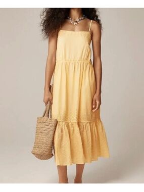 J Crew NWT Dress Sorrento Tiered Sundress Butter Yellow Embroidered Size Medium